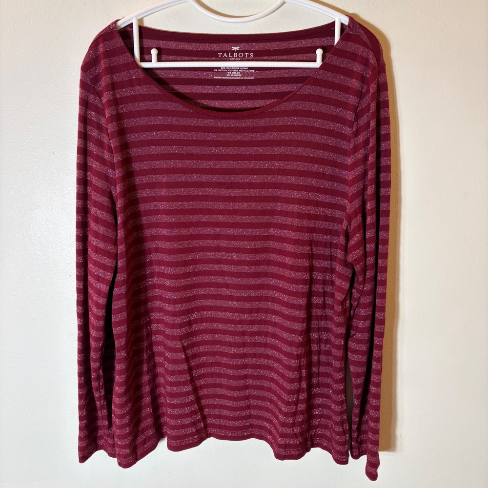 Talbots‎ Burgundy Metallic Striped Long Sleeve Scoop Neck Top XL Petite